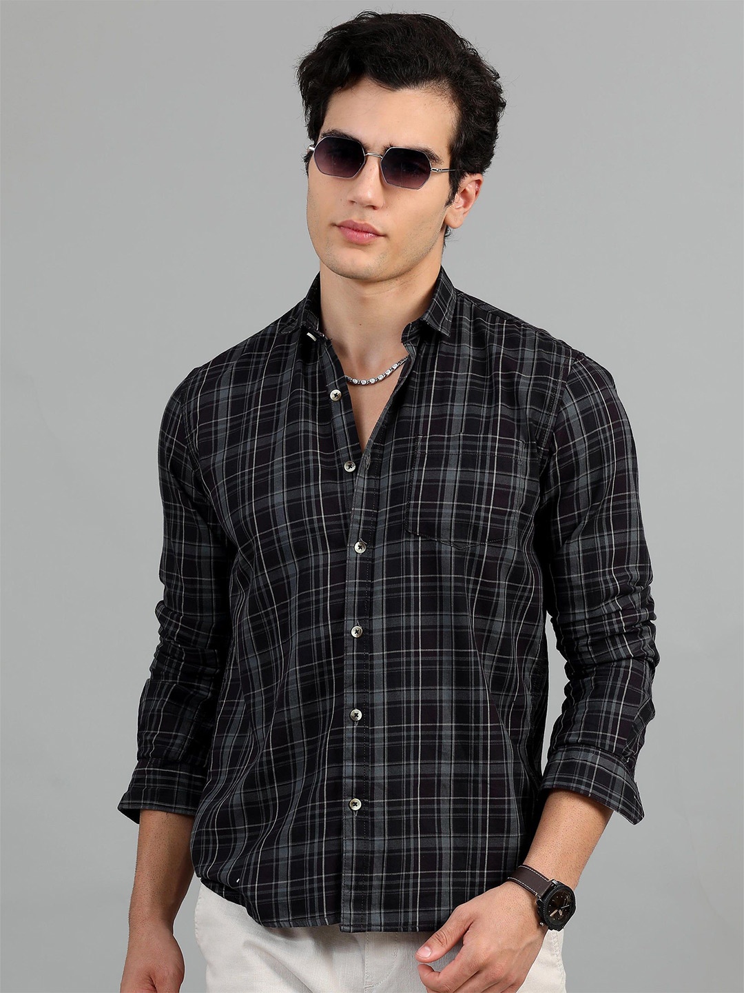 

HOUSE OF MAHNOTS Men Classic Spread Collar Tartan Checked Cotton Casual Shirt, Black