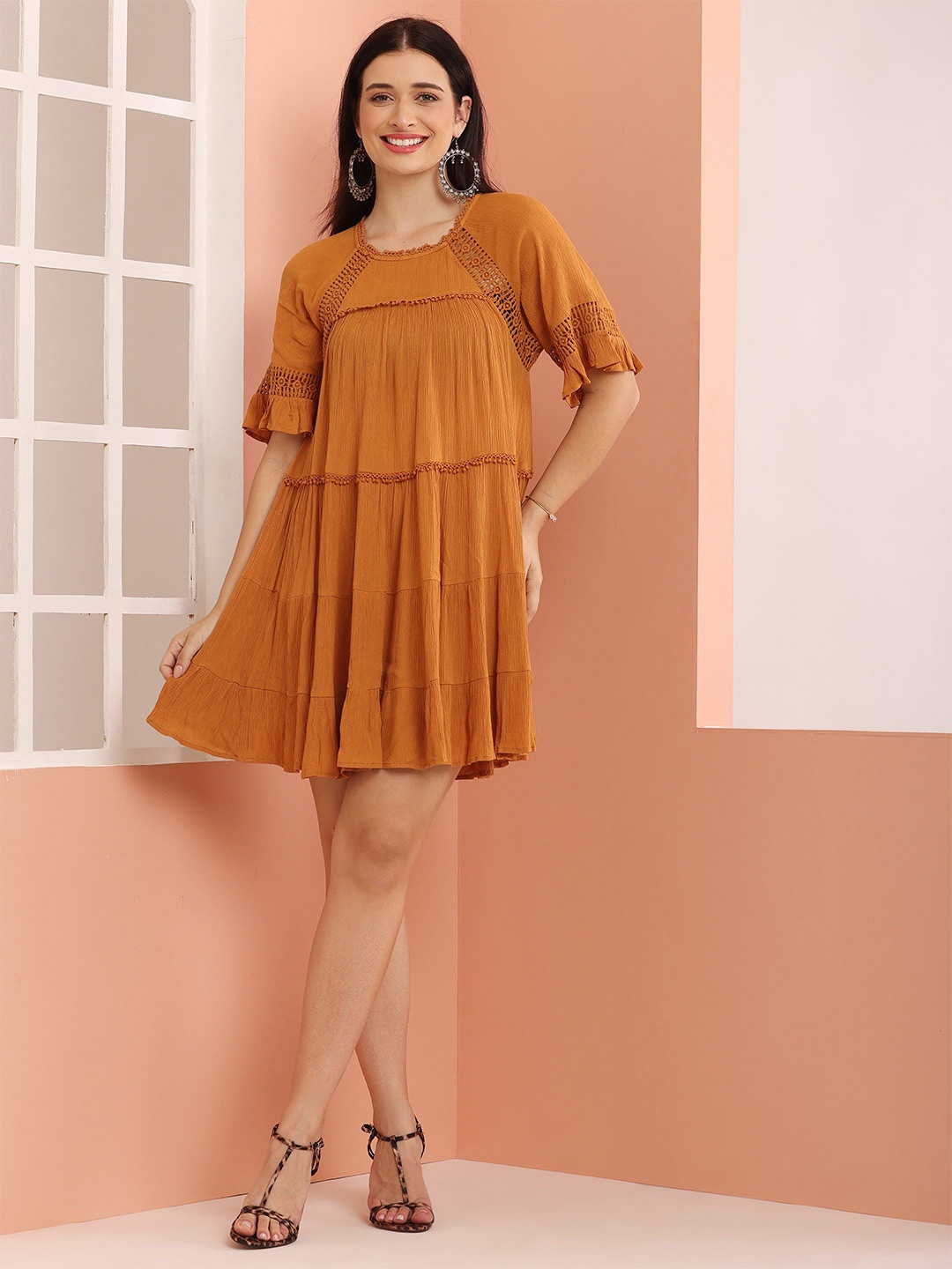 

DEBONATELLA Women Self Design Round Neck A-Line Above Knee Dress, Yellow