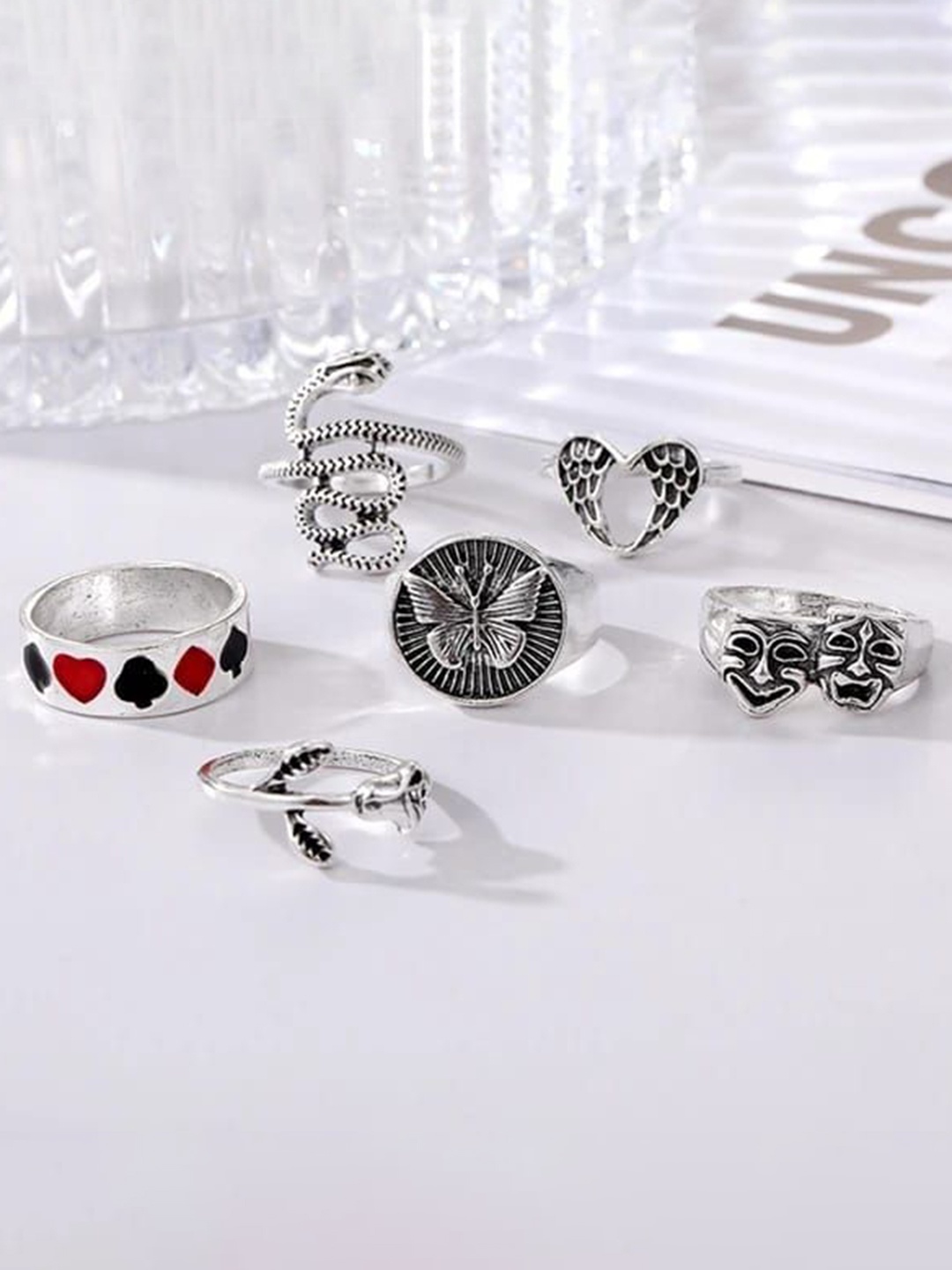 

YU FASHIONS Set Of 6 Silver-Plated Stainless Steel Finger Rings