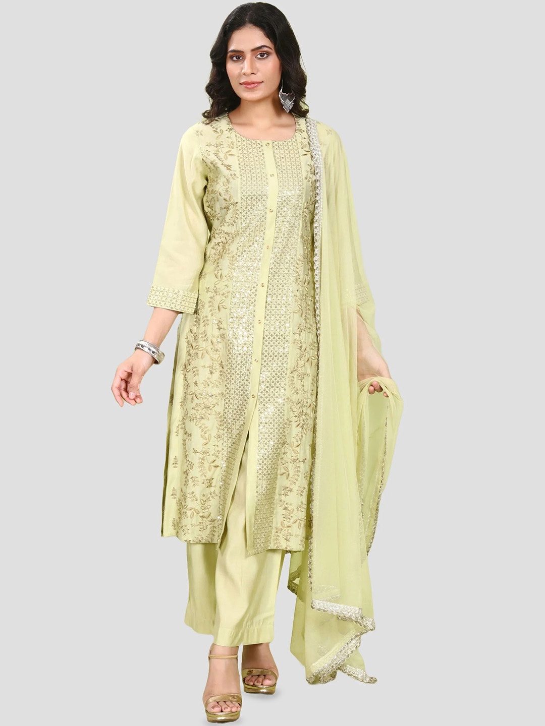 

COTTON CULTURE Floral Embroidered Regular Sequinned Kurta With Trouser With Dupatta, Green