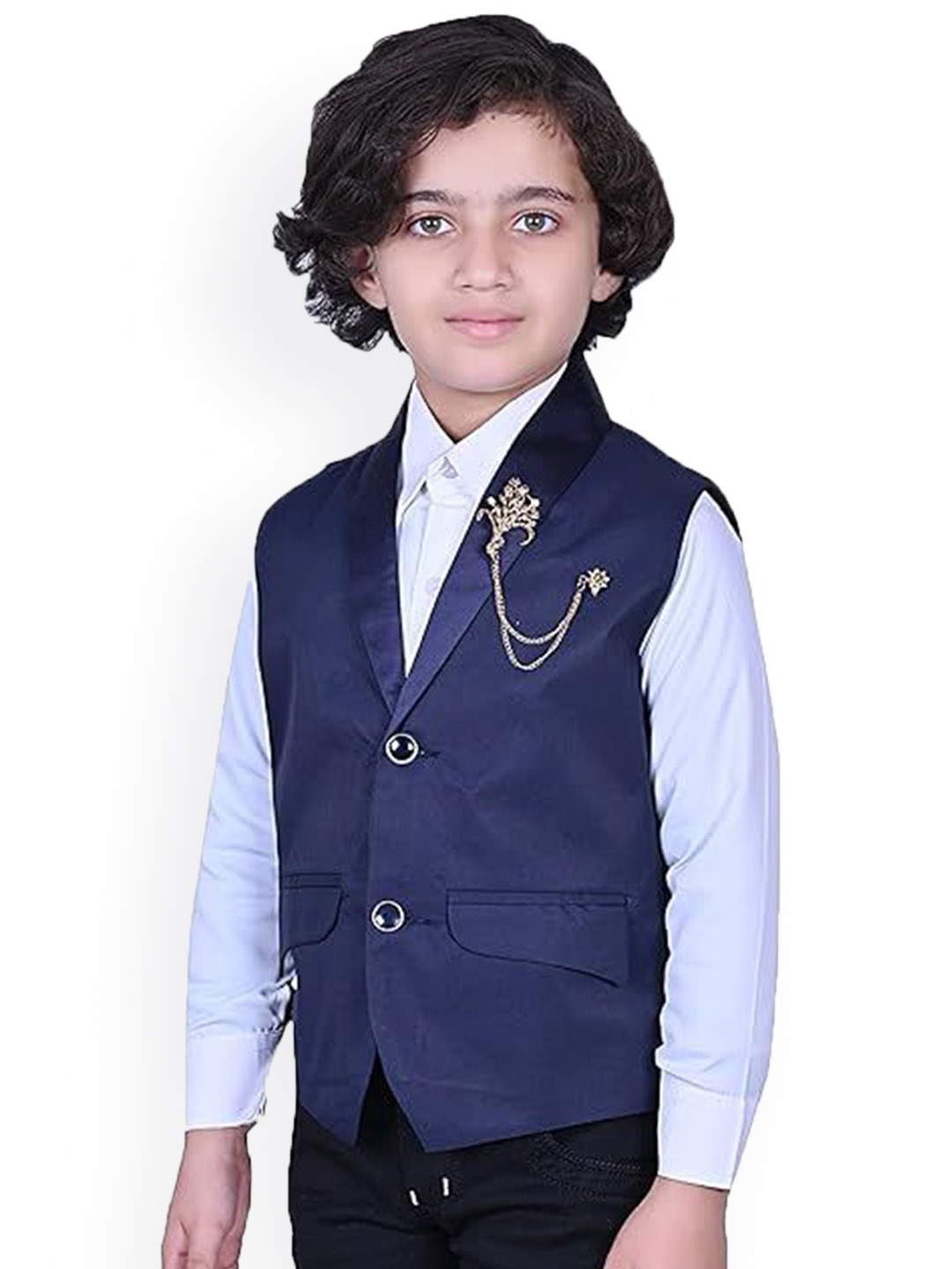 

Eliq Boys Mandarin Collar Slim-Fit Corduroy Cotton Silk Waistcoat, Navy blue