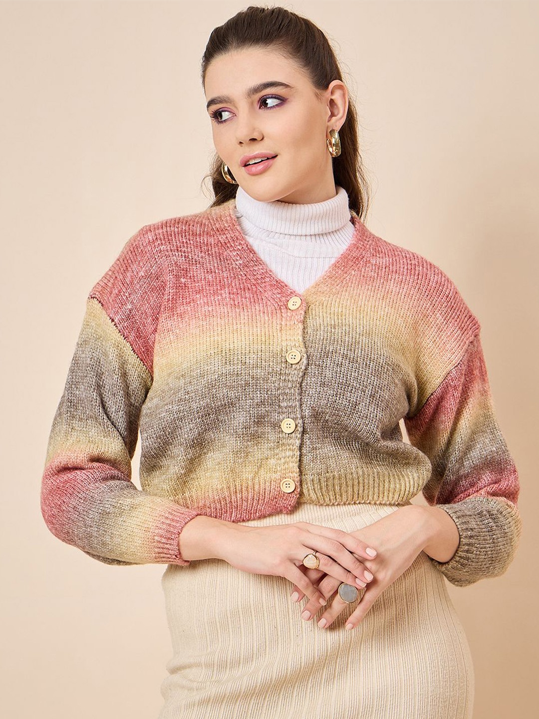 

KASMA Women Colourblocked Woollen Crop Cardigan, Pink