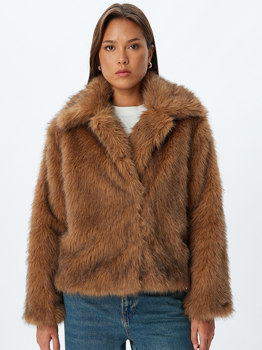 

Koton Women Lapel Collar Solid Casual Parka Jacket, Brown
