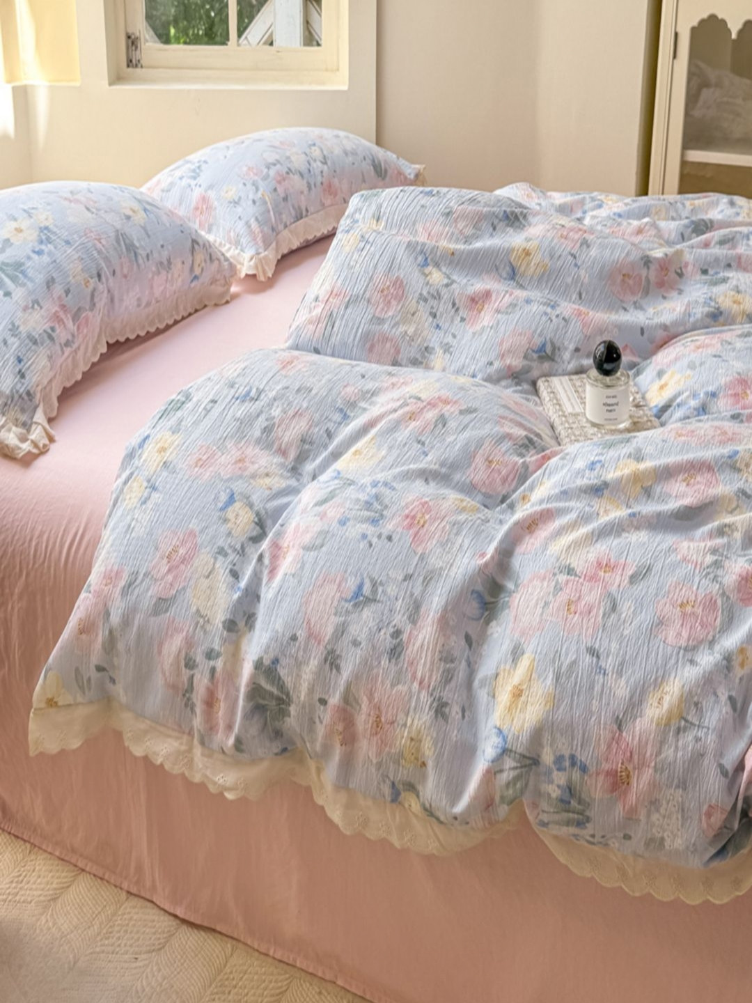 

JC HOME Pink & Blue Floral Polycotton 3 Piece Double King Regular Bedding Set