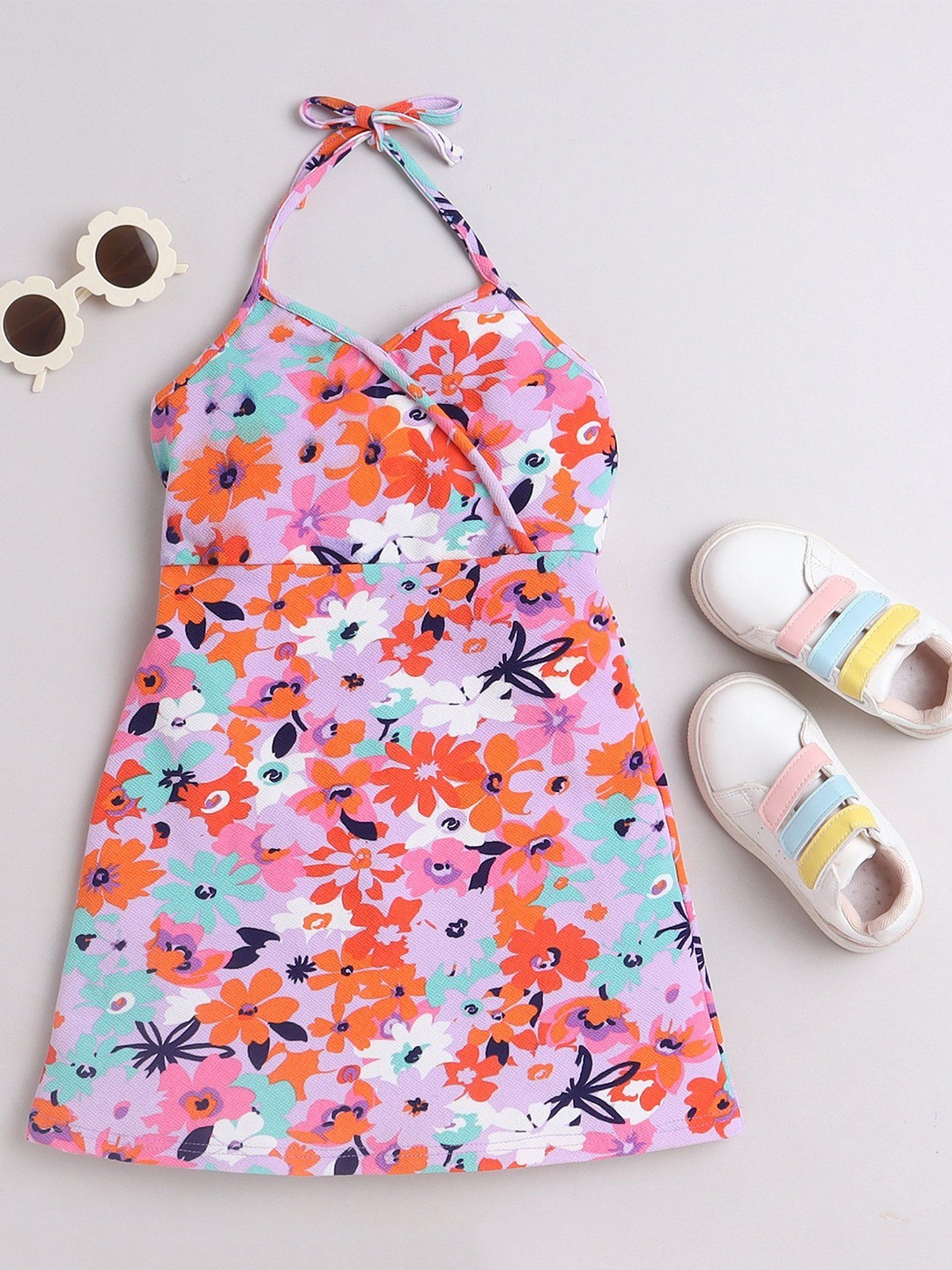 

taffykids Girls Floral Printed Halter Neck A-Line Dress, Pink