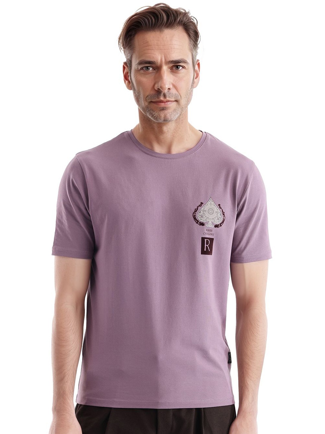 

RARE RABBIT Men Graphic Printed Round Neck Cotton T-shirt, Purple