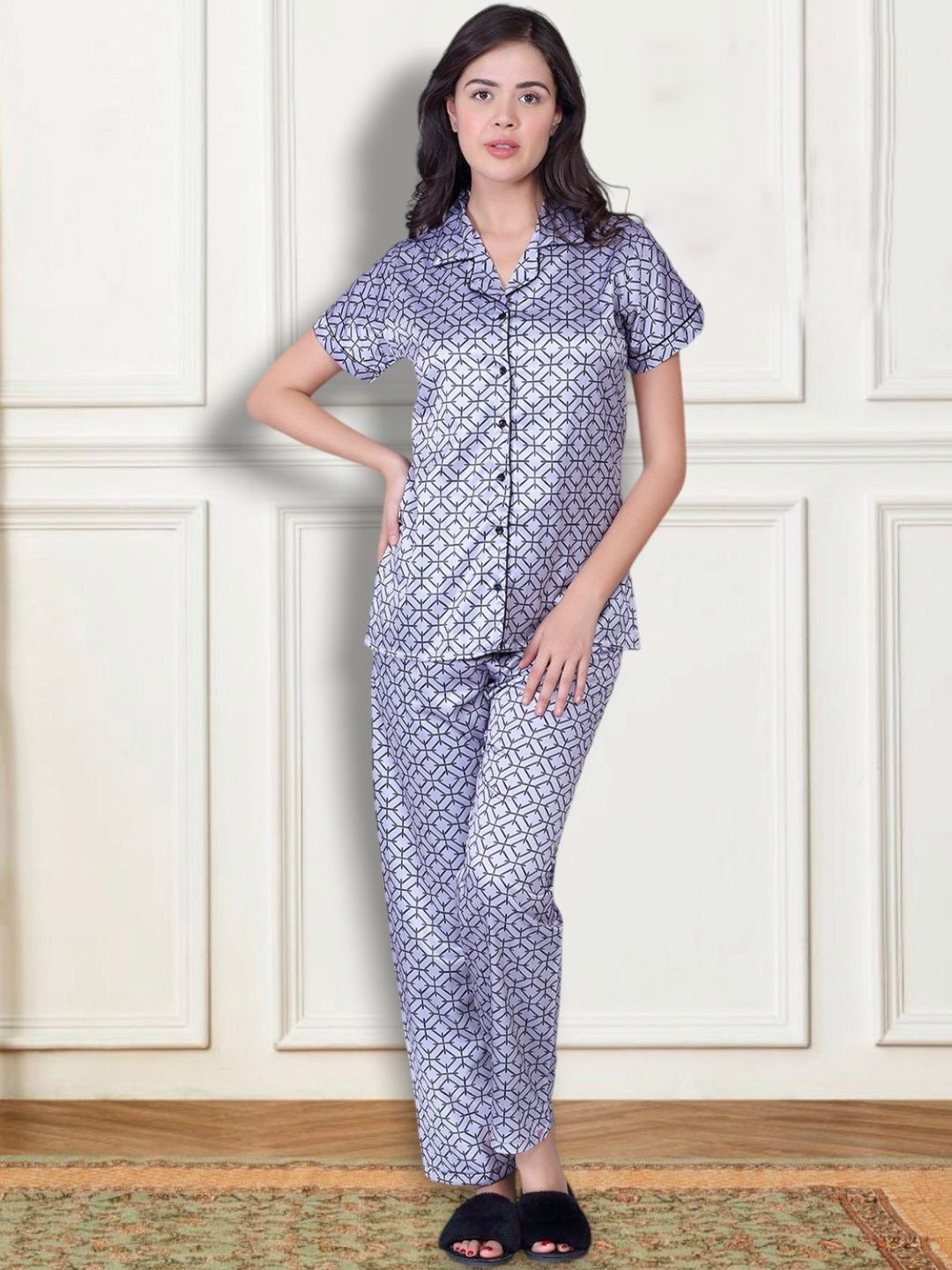 

THE DAILY OUTFITS Women Geometric Printed Night suit, Lavender