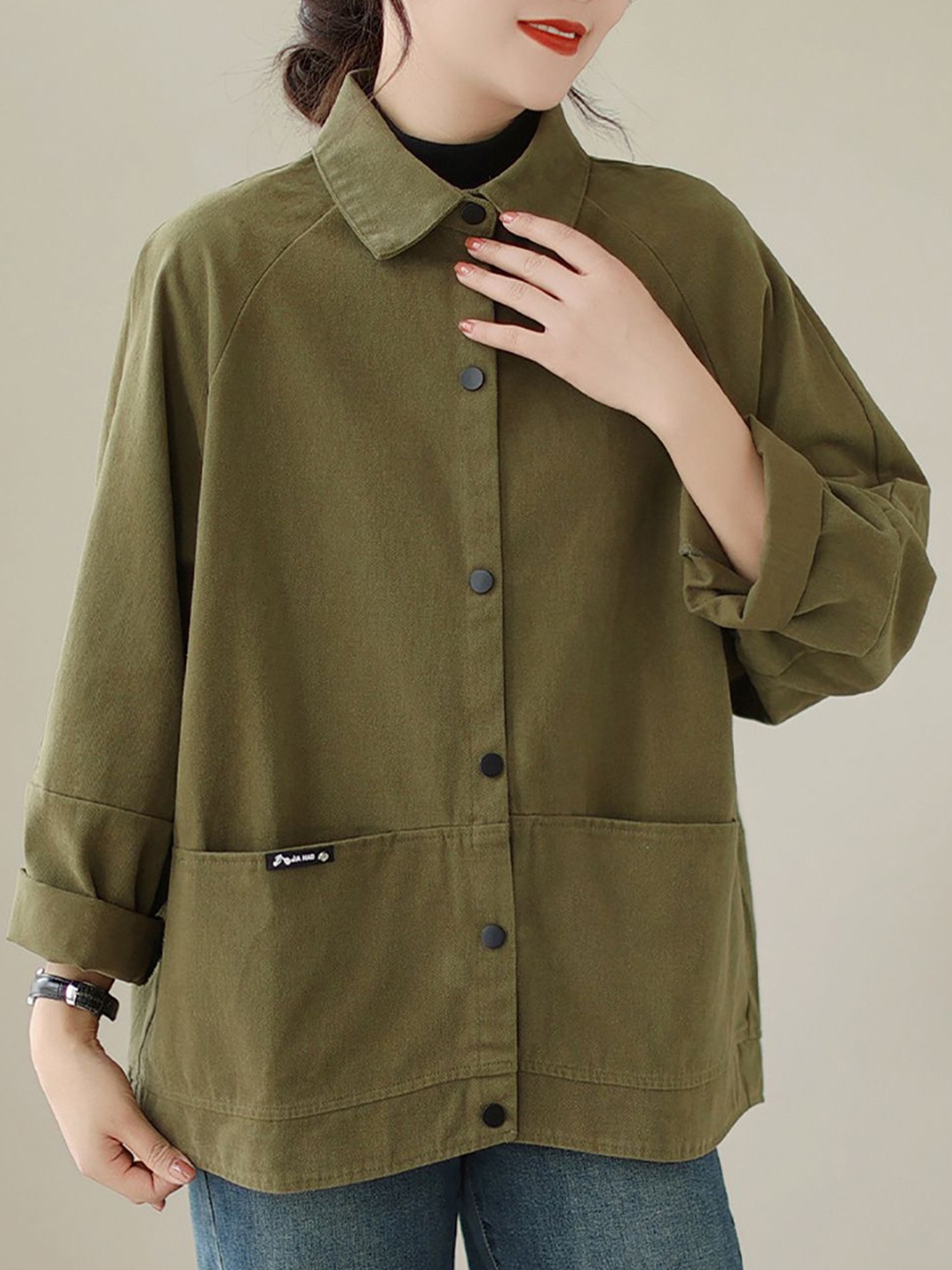 

StyleCast x Revolte Women Spread Collar Solid Cotton Oversized Casual Shirt, Green