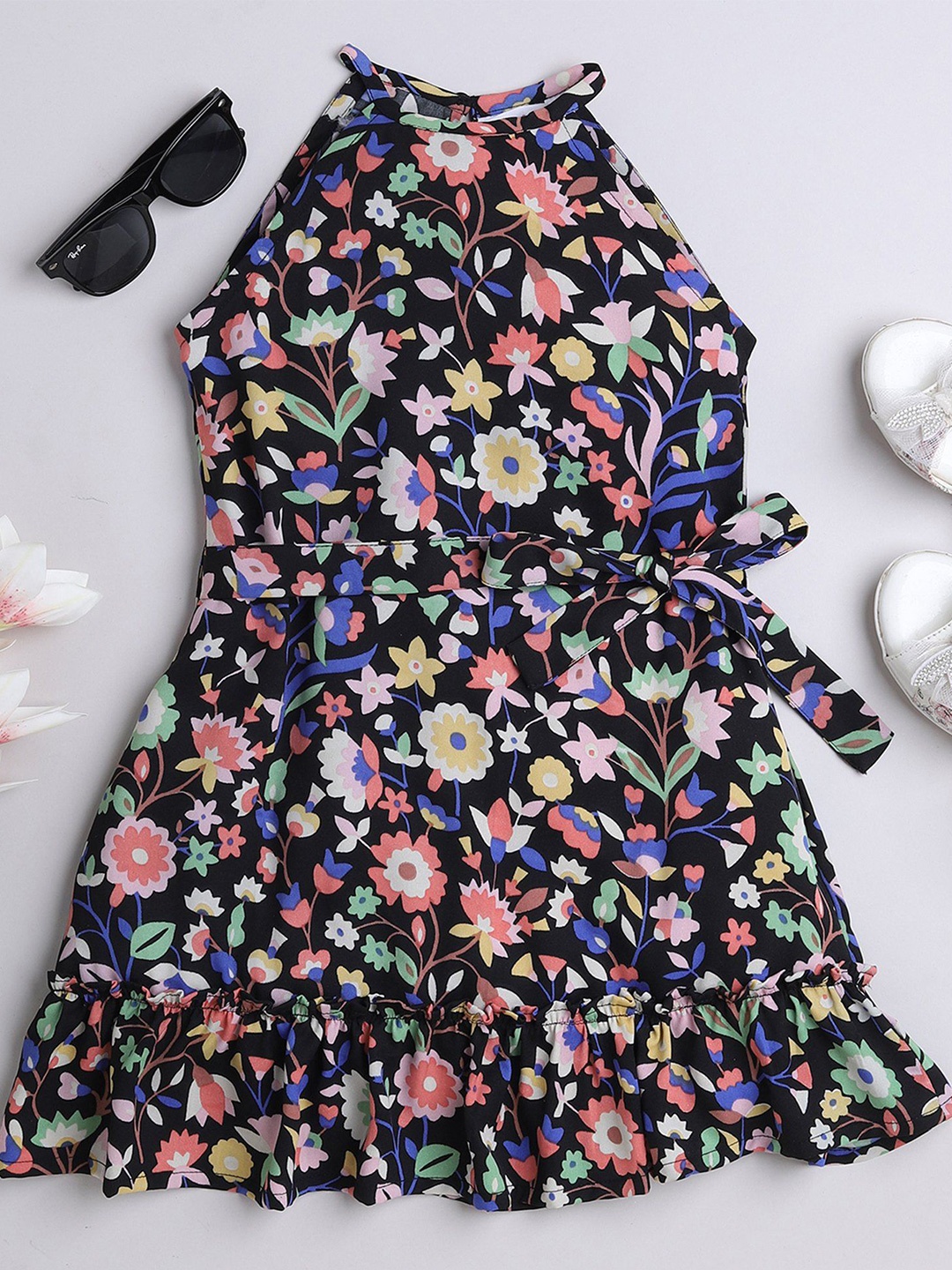 

taffykids Girls Floral Printed A-Line Dress, Black