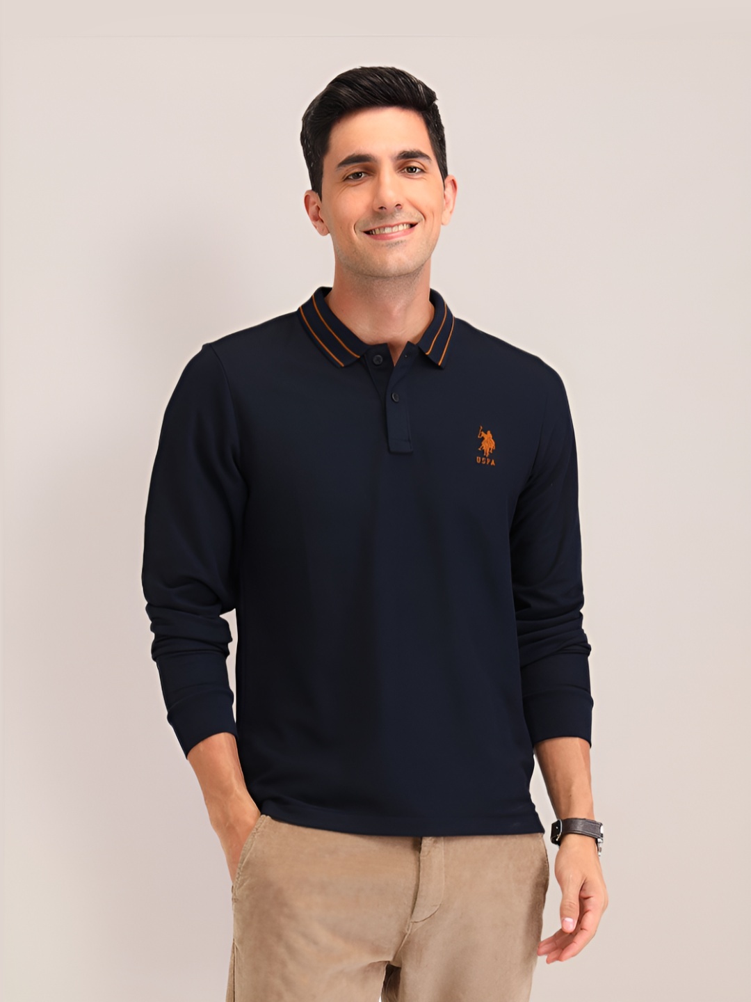 

U.S. Polo Assn. Men Solid Polo Collar Cotton Slim Fit T-shirt, Navy blue