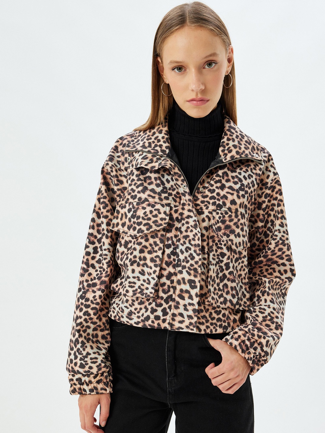 

Koton Women Lapel Collar Animal Printed Casual Tailored Jacket, Brown