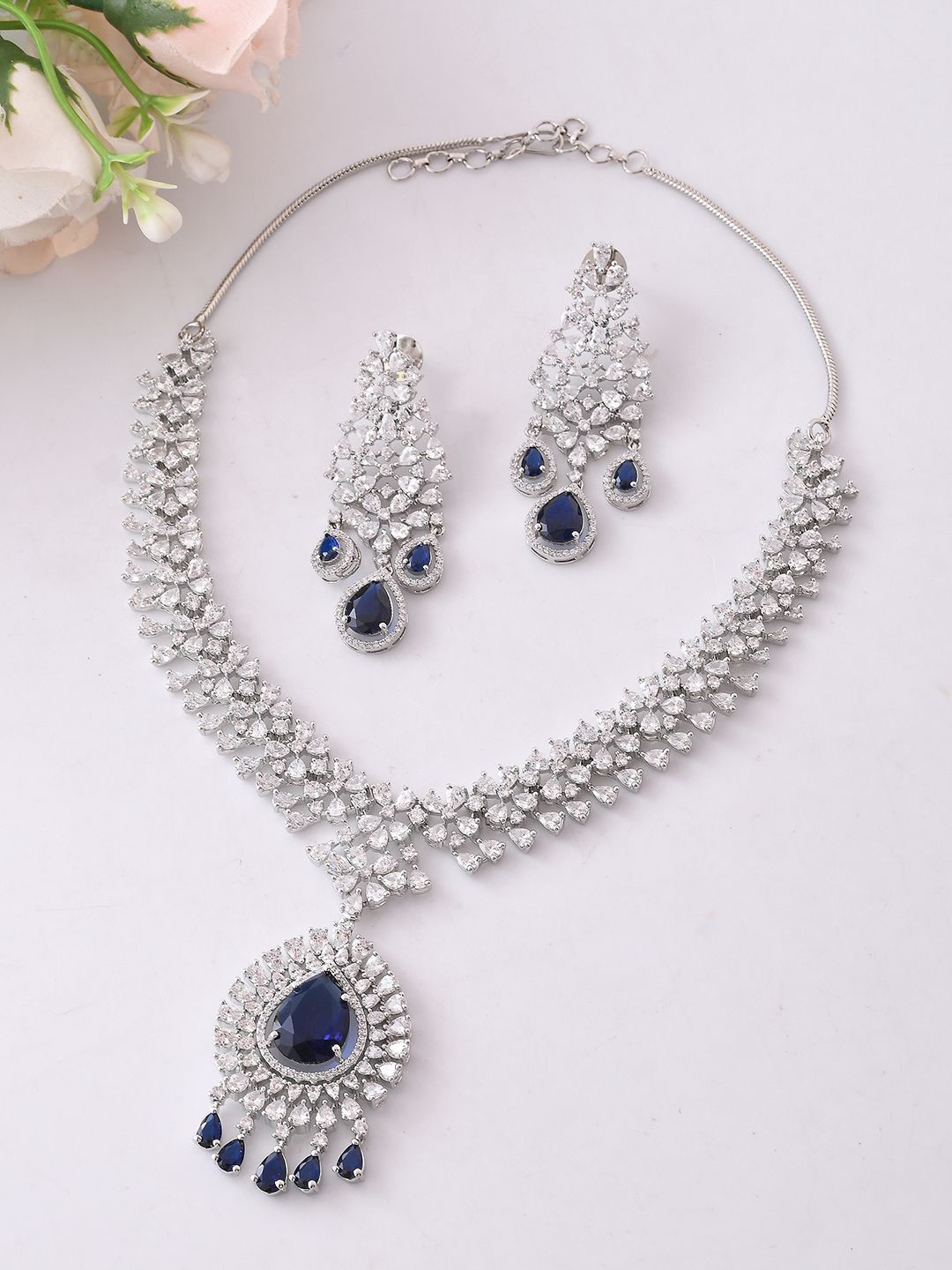 

Voylla Rhodium-Plated American Diamond Studded Jewellery Set, Silver