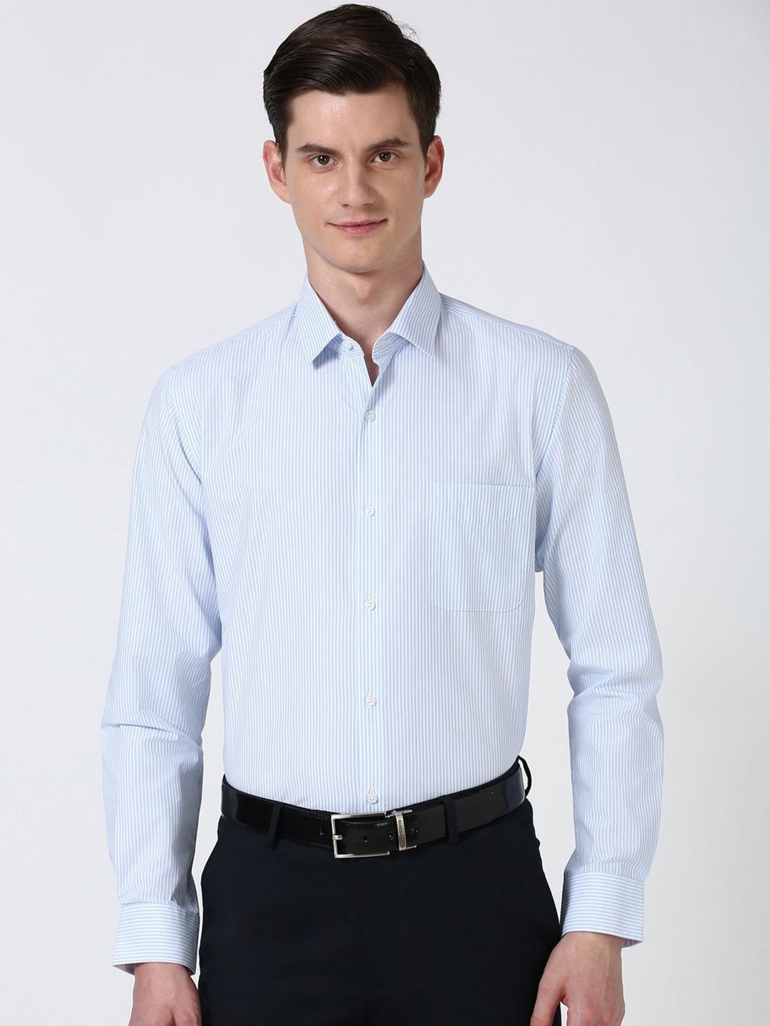 

Peter England Men Spread Collar Vertical Striped Cotton Slim Fit Casual Shirt, Blue