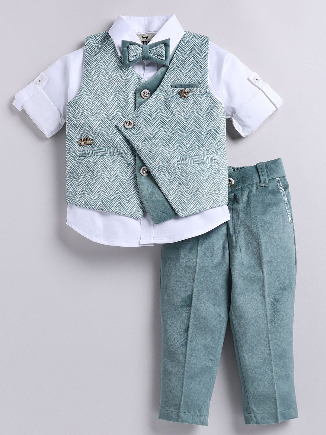 

LITTLE COLLARS Boys Self Design Single-Breasted Three- Piece Suit, Green