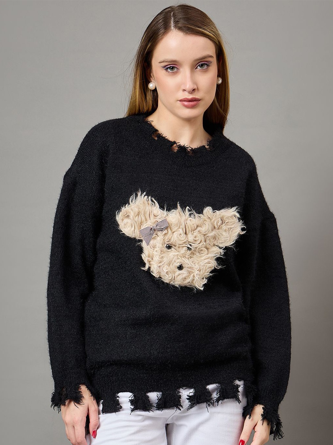 

KASMA Women Boucle Woollen Pullover Sweaters, Black