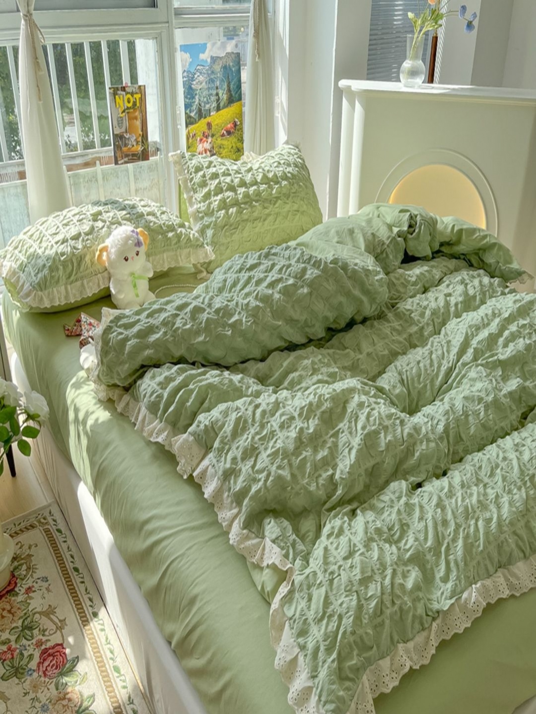 

JC HOME Green & White Solid 3 Piece Double King Regular Bedding Set