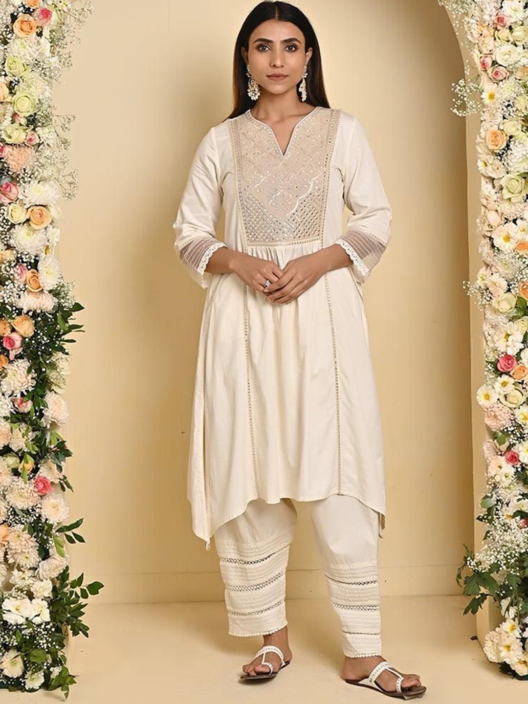 

Lakshita Floral Embroidered Sequinned Cotton A-Line Kurta, Off white