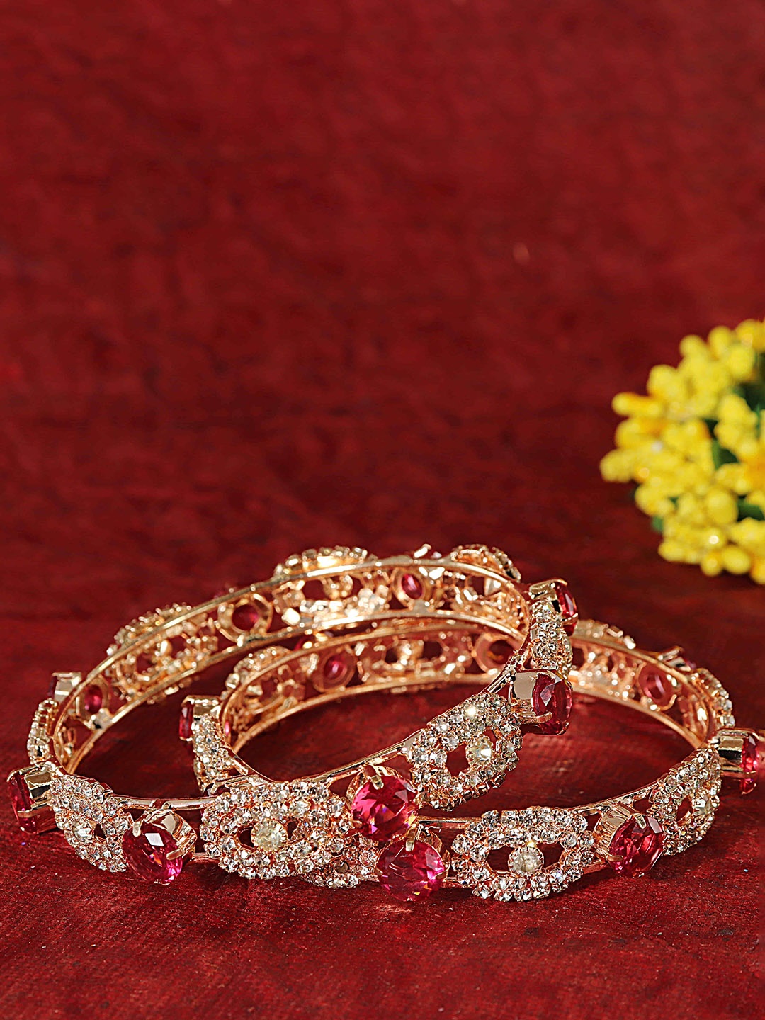 

LAVAZZA Set Of 2 Rose Gold Plated CZ American Diamond Stone-Studded Bangles, Maroon