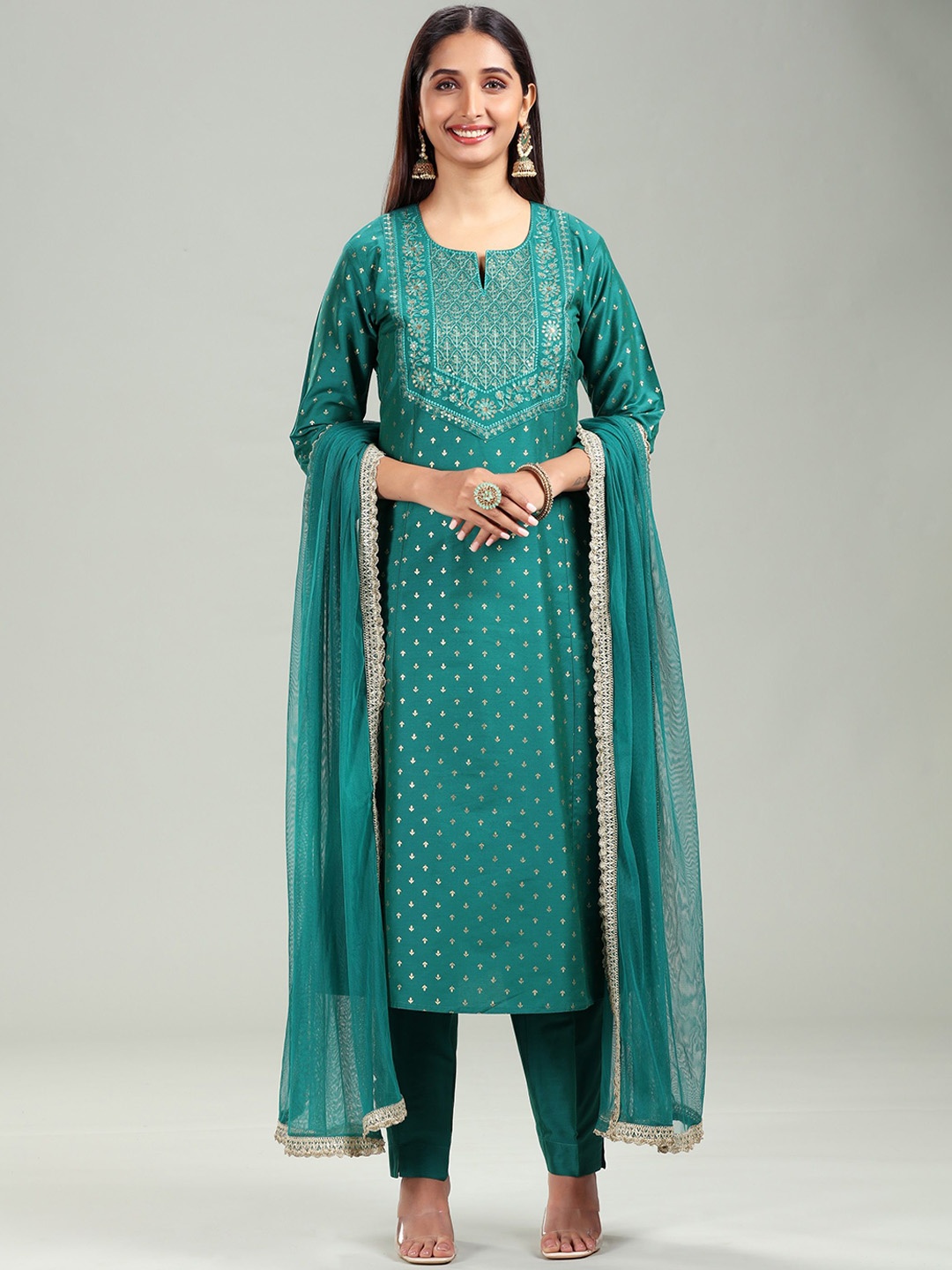 

COTTON CULTURE Ethnic Motifs Embroidered Sequinned Straight Kurta With Trousers & Dupatta, Teal