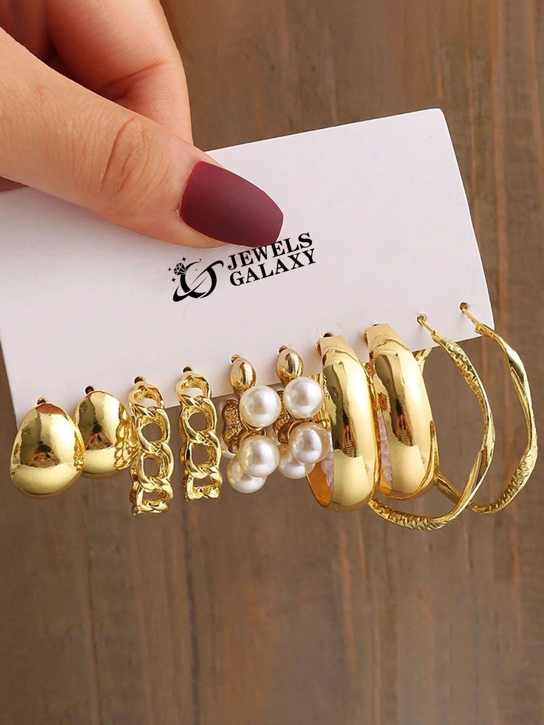 

Jewels Galaxy Pack Of 10 Gold Plated Pearls Studded Contemporary Half Hoop Earrings