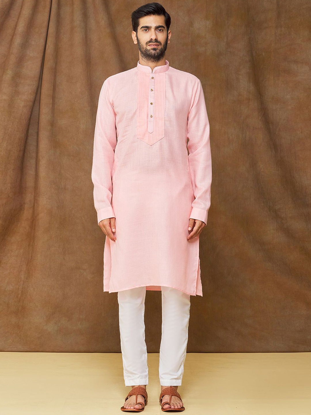 

Samyukta Singhania Mandarin Collar Pastels Pintuck Straight Kurta with Trousers, Pink