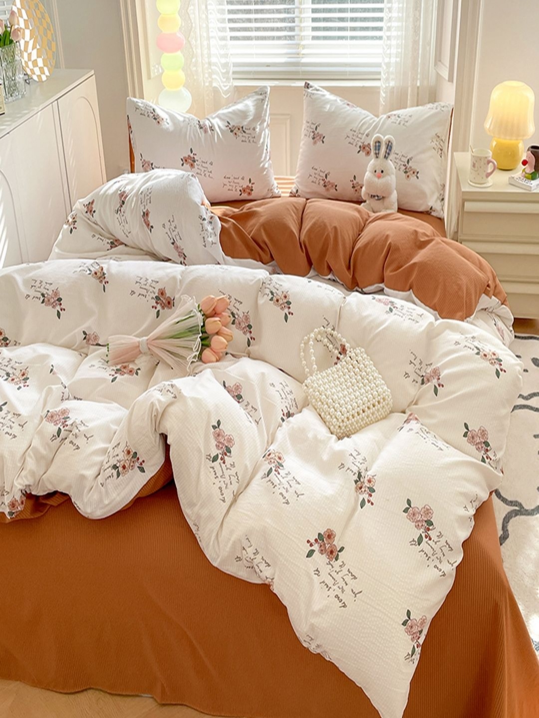 

JC HOME Orange & White Floral Polycotton 3 Piece Single Regular Bedding Set