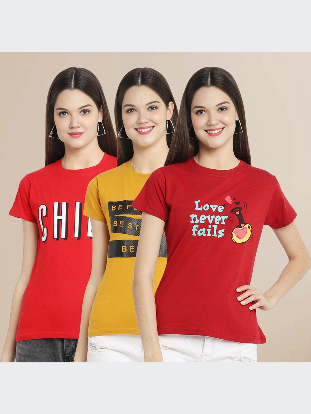 

Metronaut Women Pack Of 3 Typography Printed Round Neck Cotton T-shirts, Red