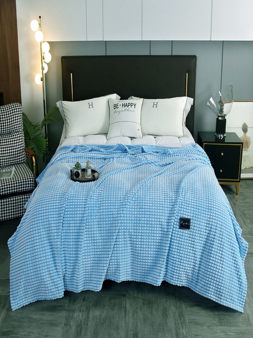

JC HOME Blue Striped AC Room 300 GSM Double Bed Blanket