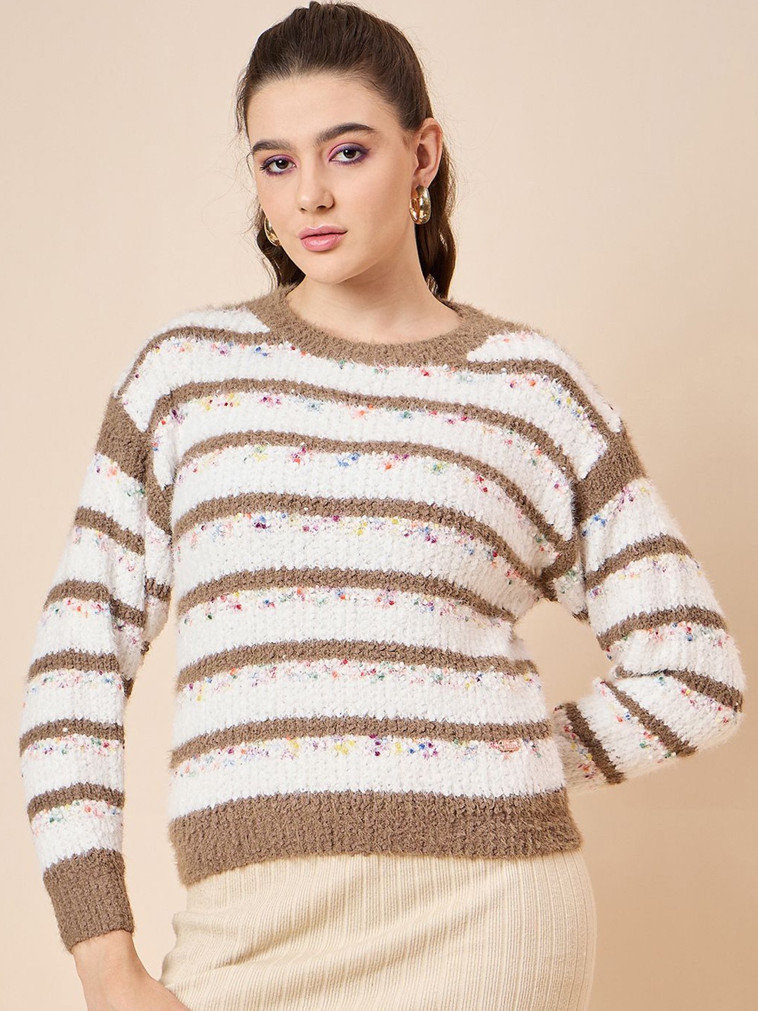 

KASMA Women Striped Pullover, Brown