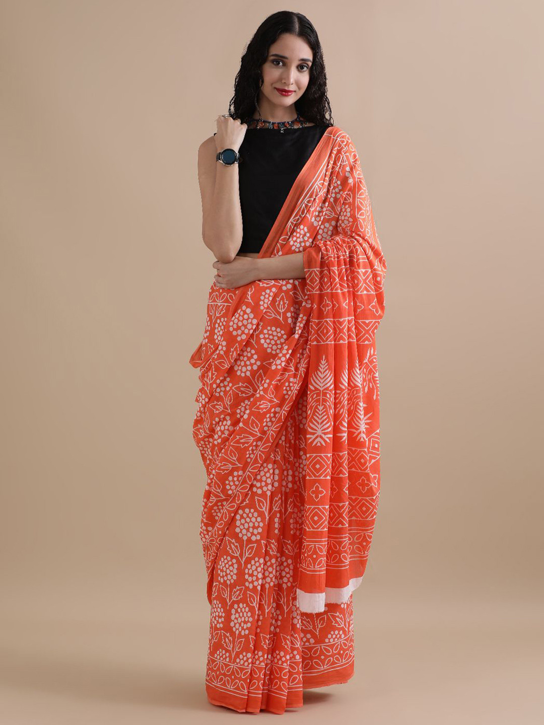 

Jaipur Kurti Floral Pure Cotton Saree, Orange