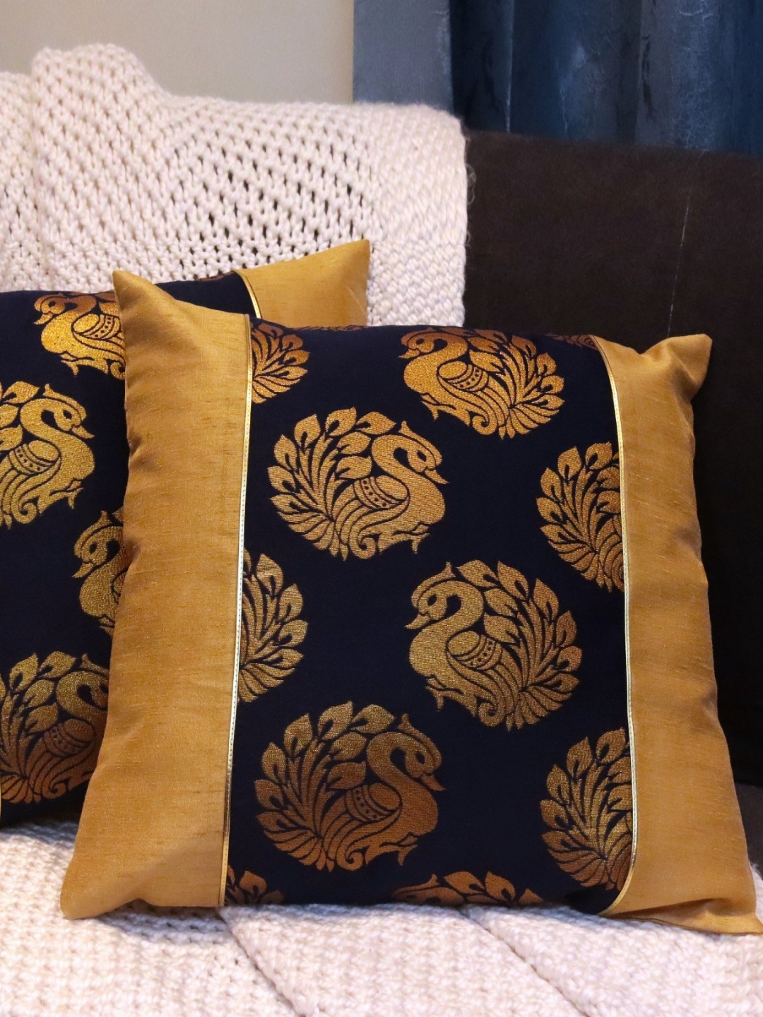 

HOME9INE Navy Blue & Beige Set of 2 Ethnic Motifs Square Cushion Covers