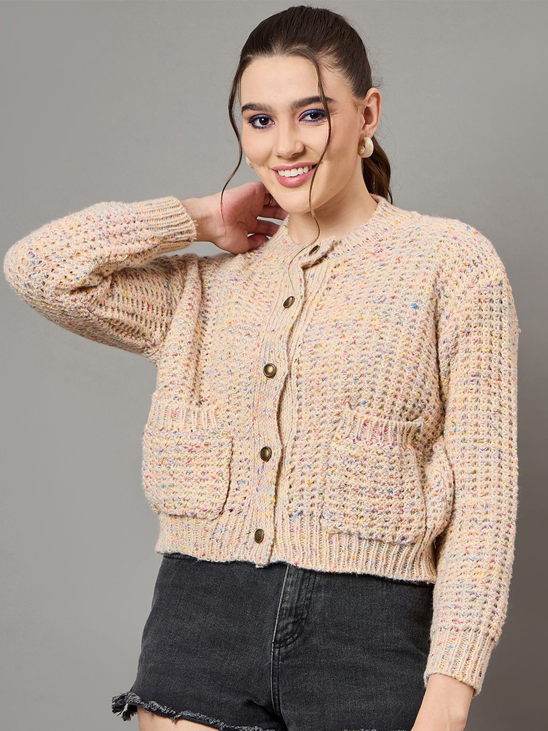 

KASMA Women Cable Knit Self Design Cardigan, Beige