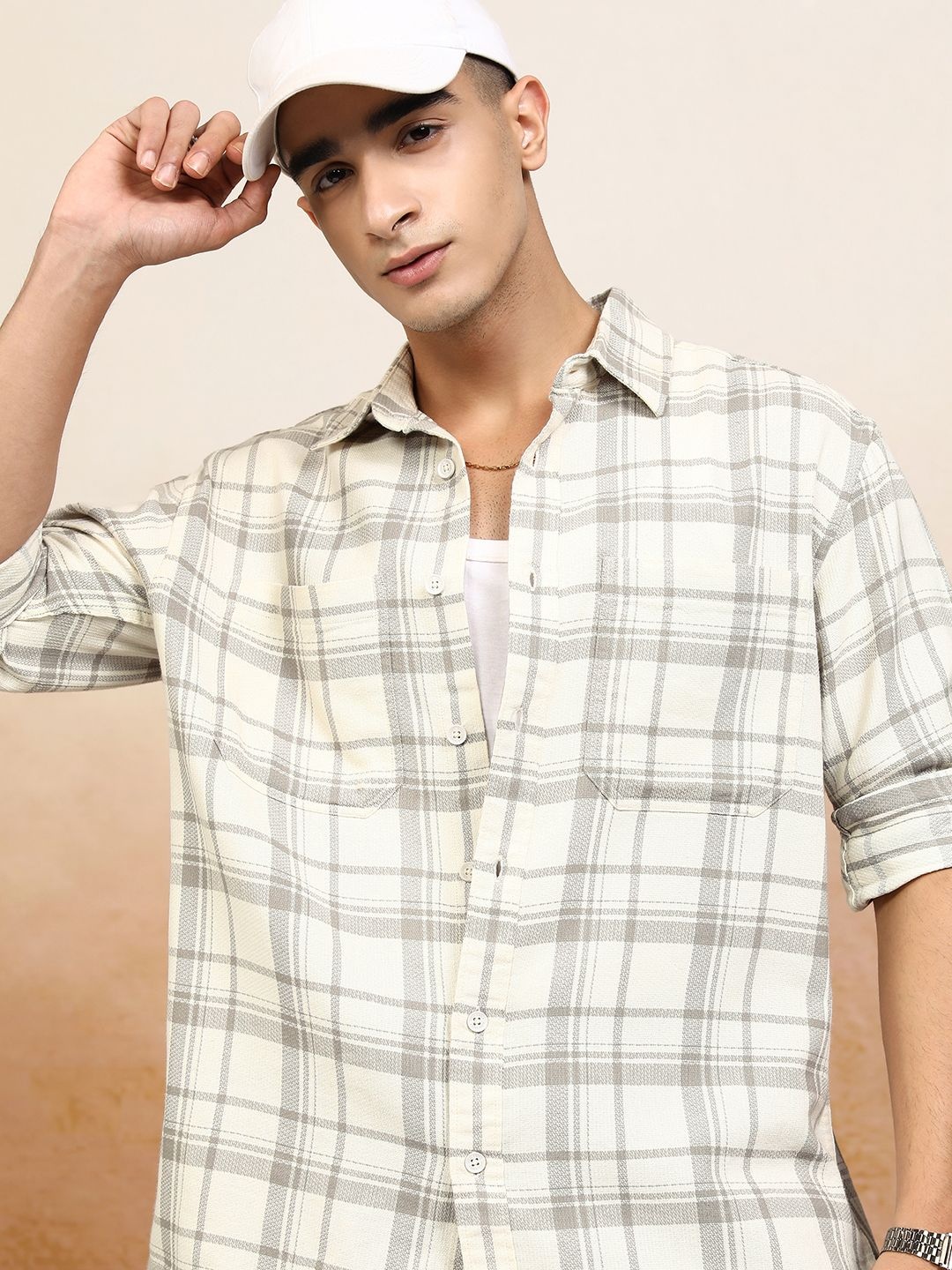 

Highlander Men Off Dobby Textured Checked Utility Pocket Oversized Overshirt, Off white