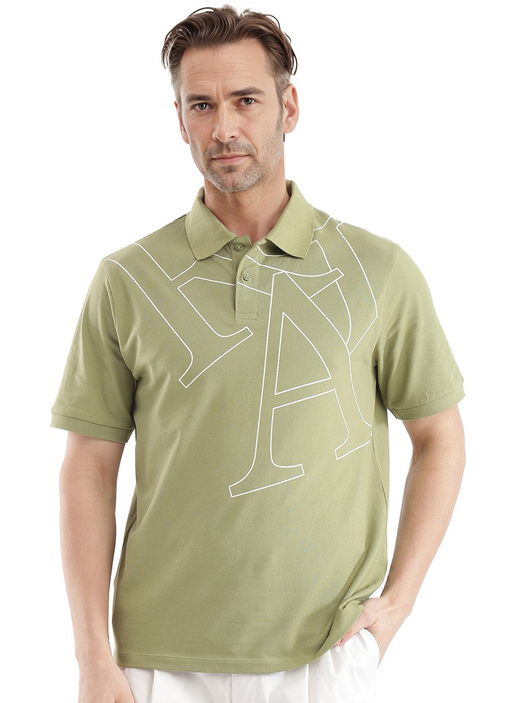 

RARE RABBIT Men Typography Printed Polo Collar Cotton T-shirt, Olive