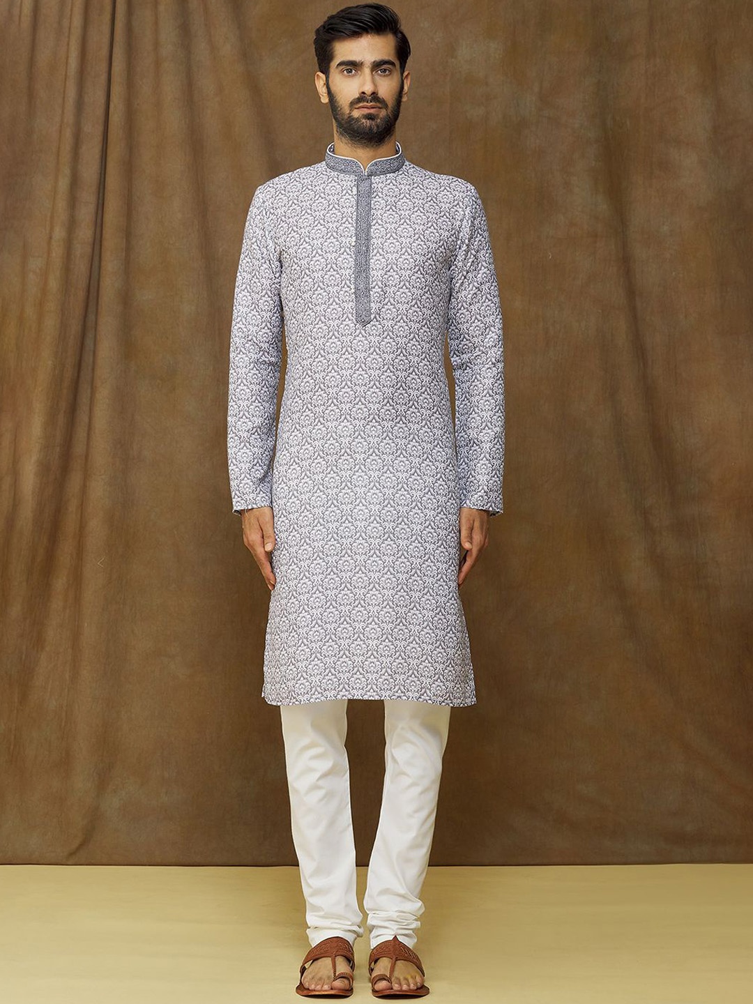 

Samyukta Singhania Floral Printed Thread Work Mandarin Collar Straight Kurta with Churidar, Grey