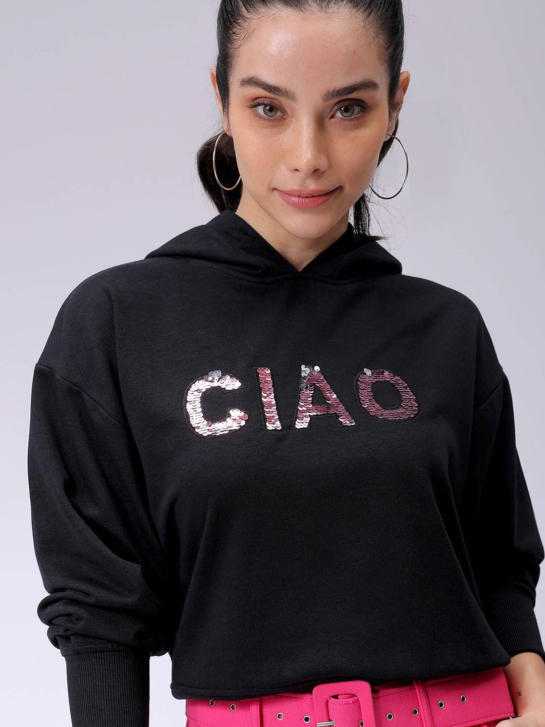 

Freehand by The Indian Garage Co Women Embellished Hooded Sweatshirt, Black