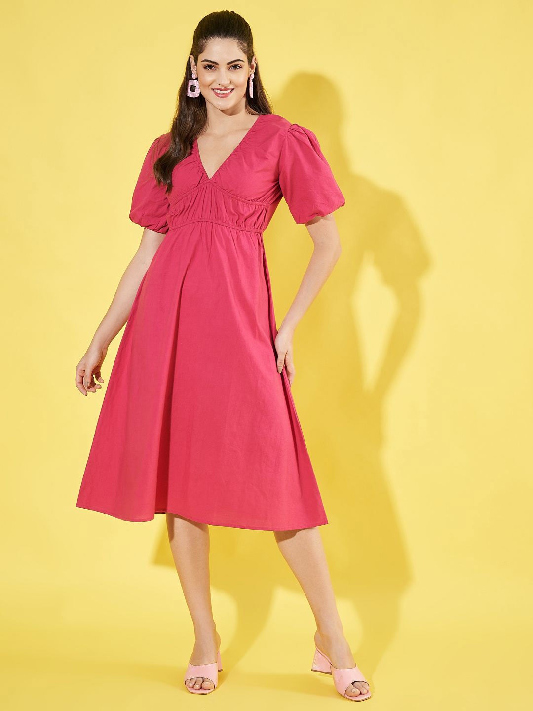 

ANVI Be Yourself Women Puff Sleeves Empire Midi Dress, Pink