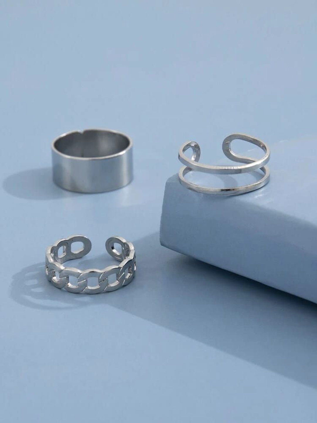 

YU FASHIONS Set Of 3 Silver-Plated Stainless Steel Finger Ring