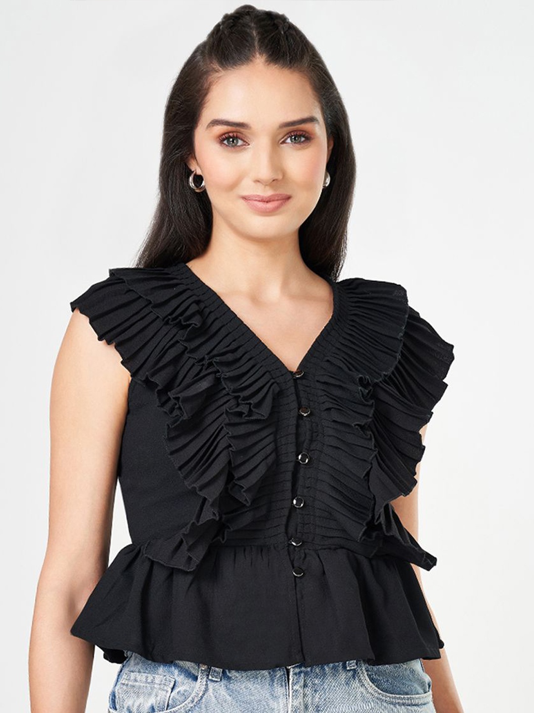 

People Women Cotton Ruffles Peplum Top, Black