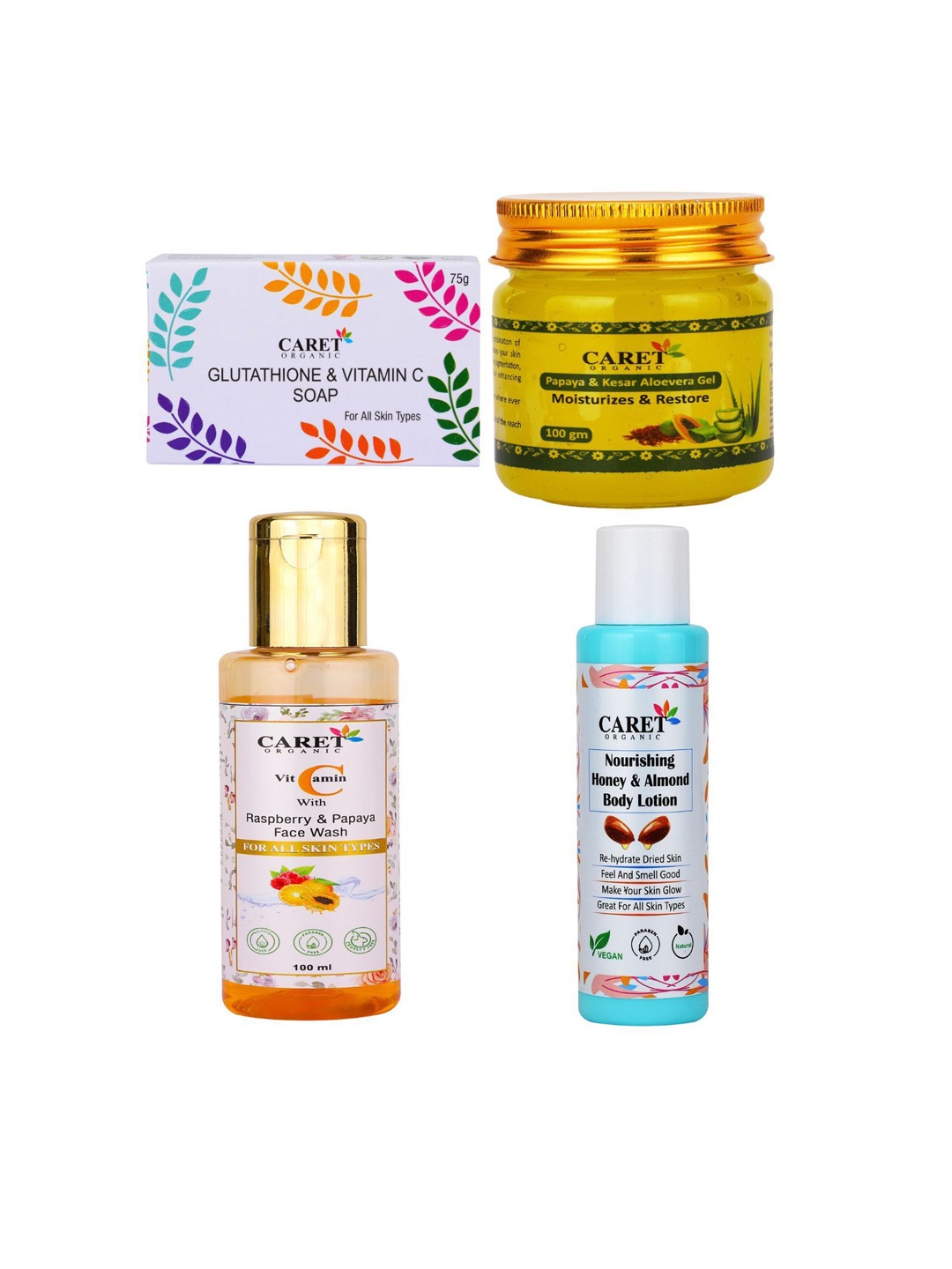 

CARET ORGANIC Set of 4 Soap, Papaya Face Wash, Papaya Gel & Honey Body Lotion Combo, White