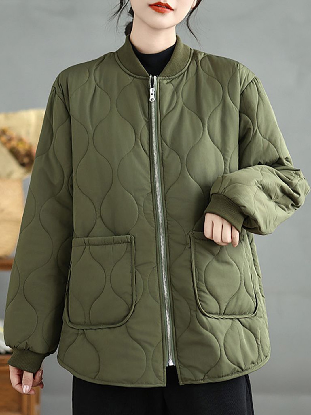 

StyleCast x Revolte Women Self Design Quilted Jacket, Green