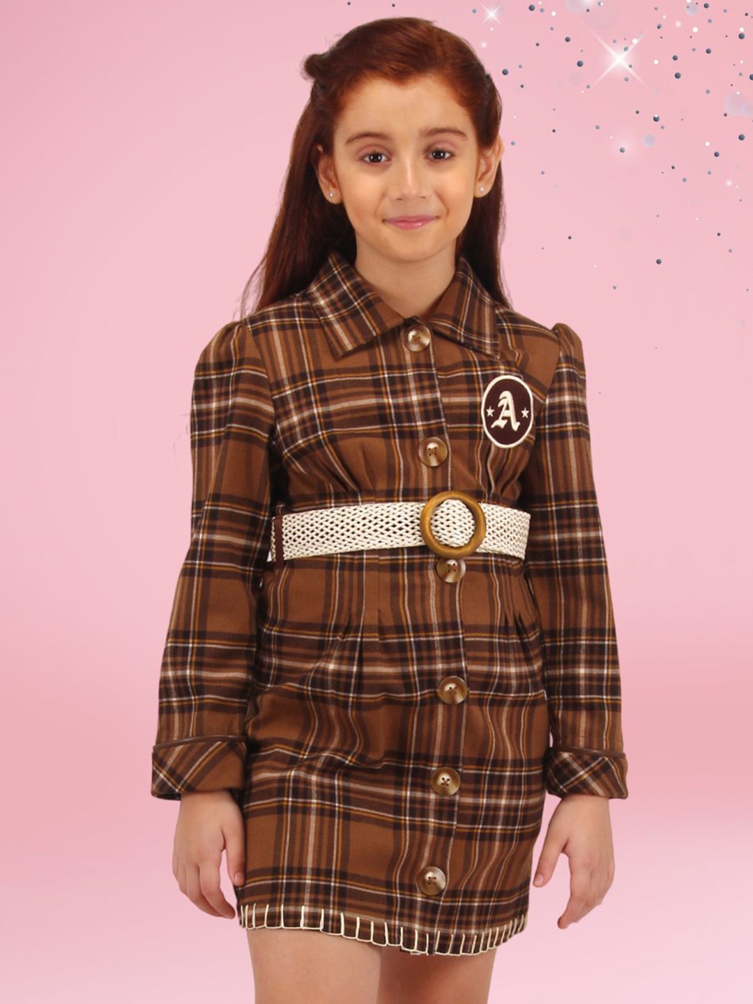 

CUTECUMBER Girls Checked Shirt Collar Sheath Dress, Brown