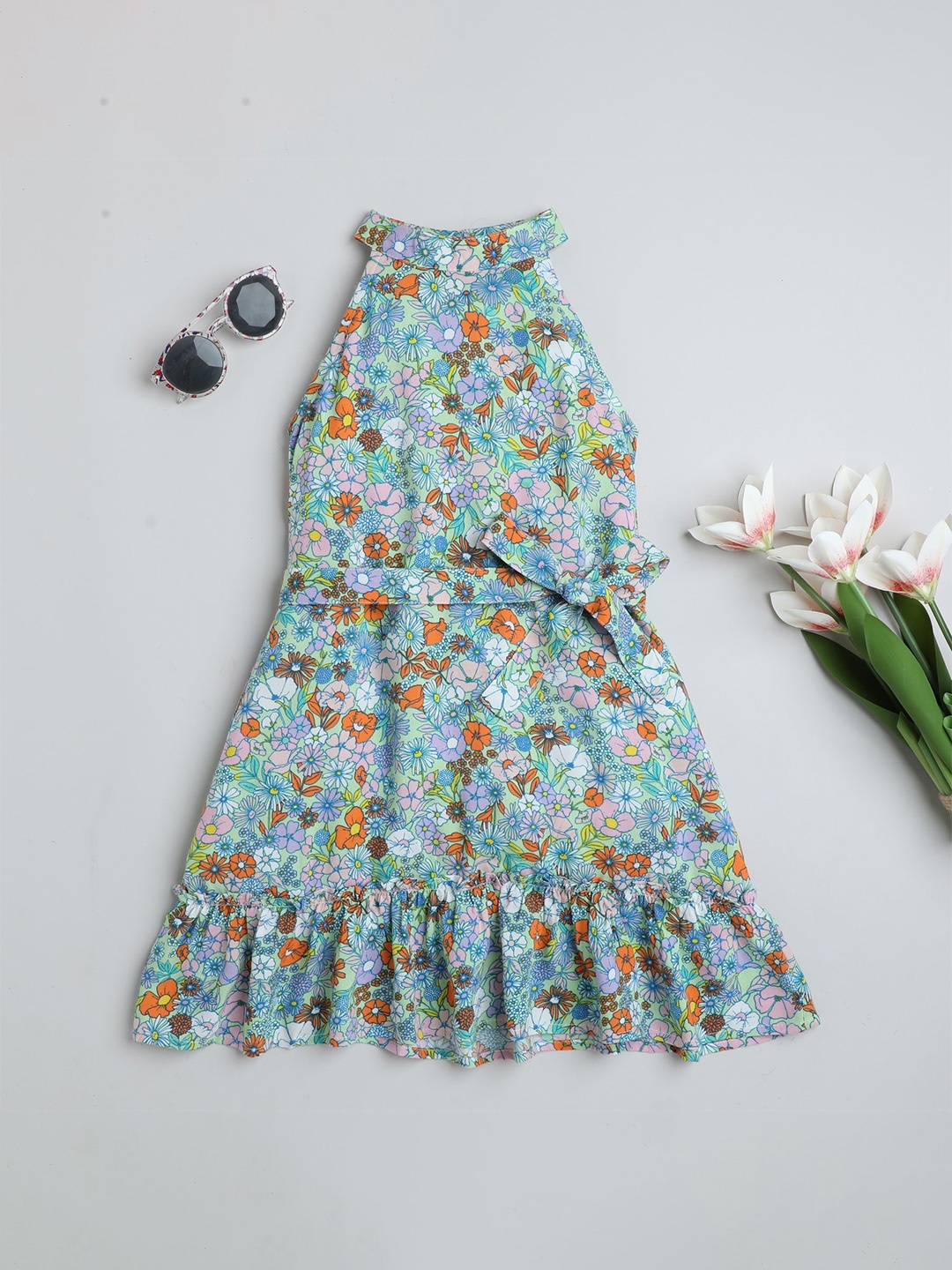 

taffykids Girls Floral Printed A-Line Dress, Green