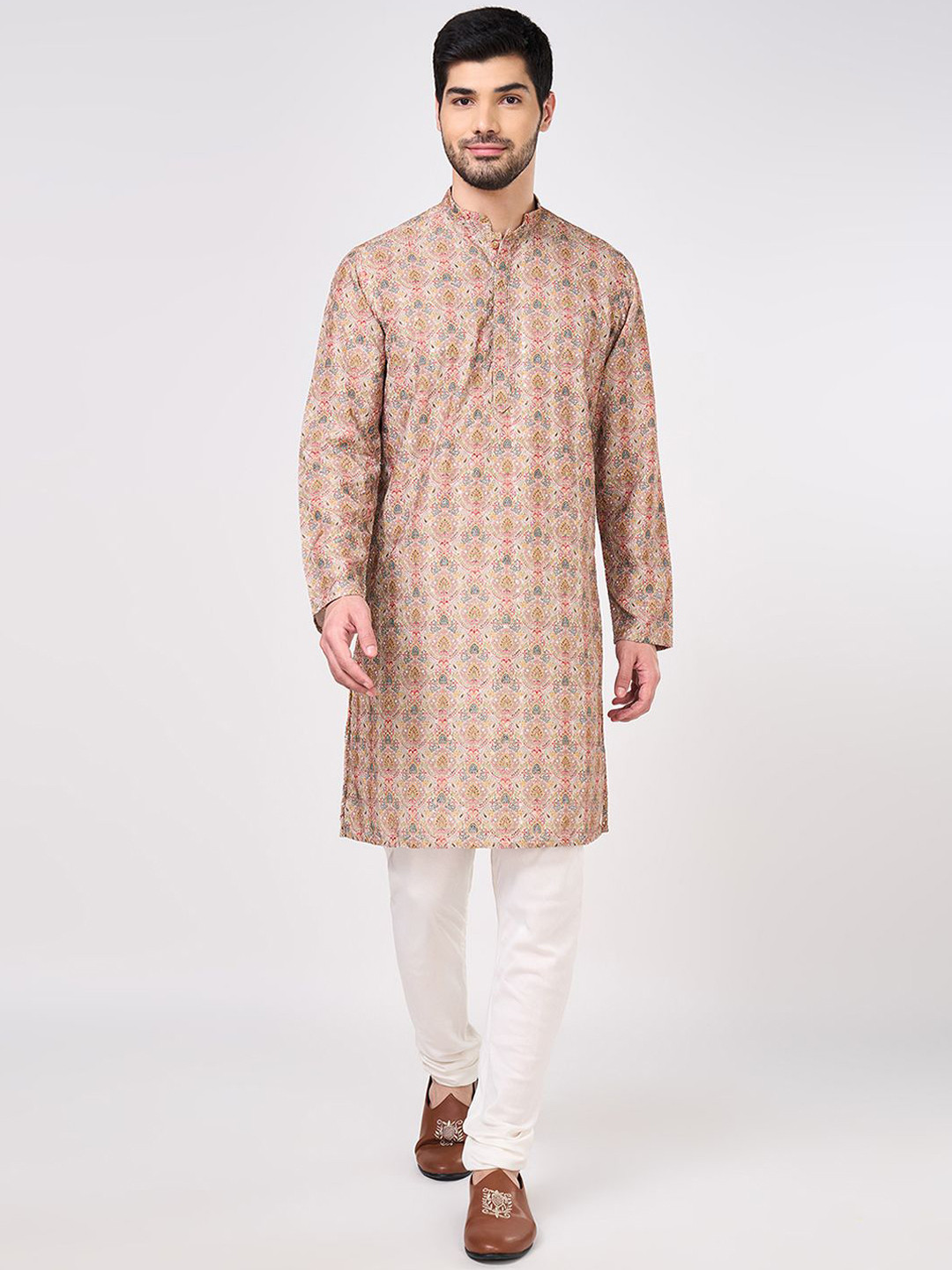 

indus route by Pantaloons Floral Printed Mandarin Collar Straight Kurta, Tan