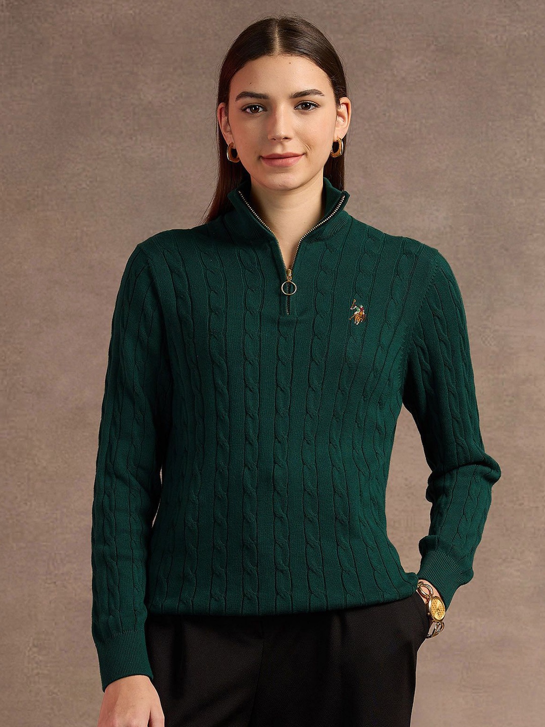 

U.S. Polo Assn. Women Women Cotton Self Design Striped Pullover, Green