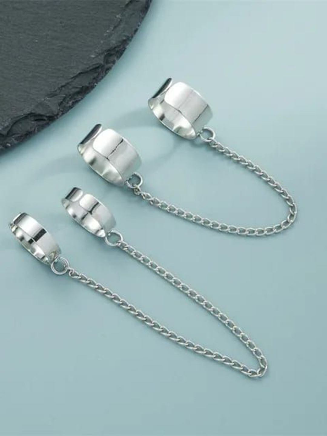 

YU FASHIONS Set Of 2 Stainless Steel Adjustable Funky Punk Chain Ring, Silver