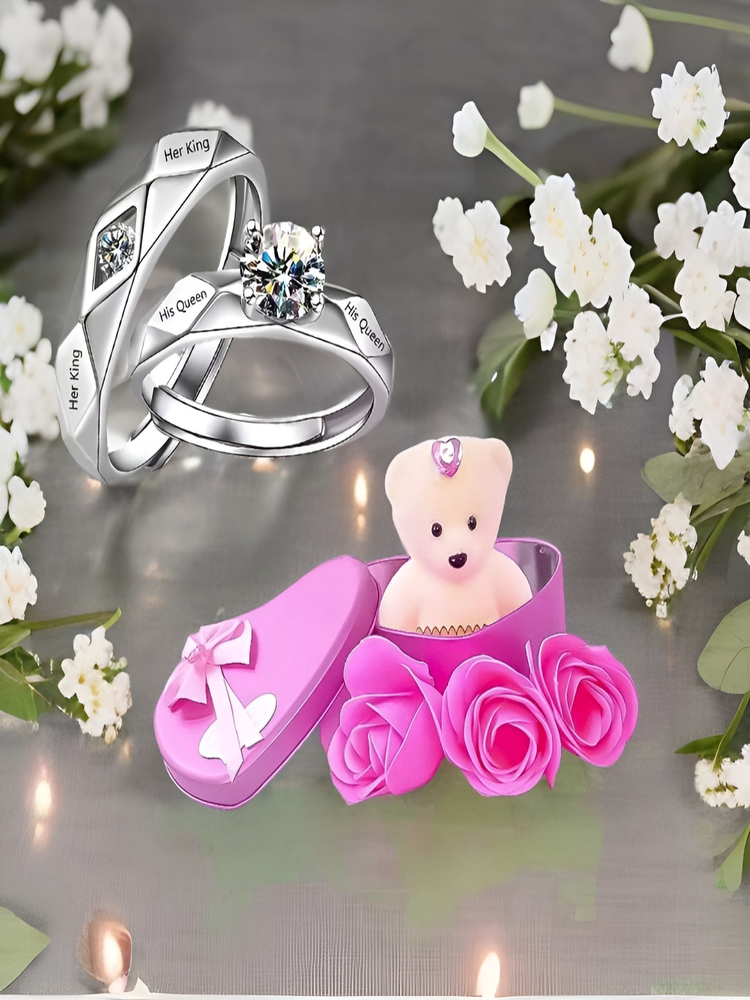 

UNIVERSITY TRENDZ Silveri-Toned Couple Ring & Mini Teddy Gift Set Valentine's Day Gift Set, Silver