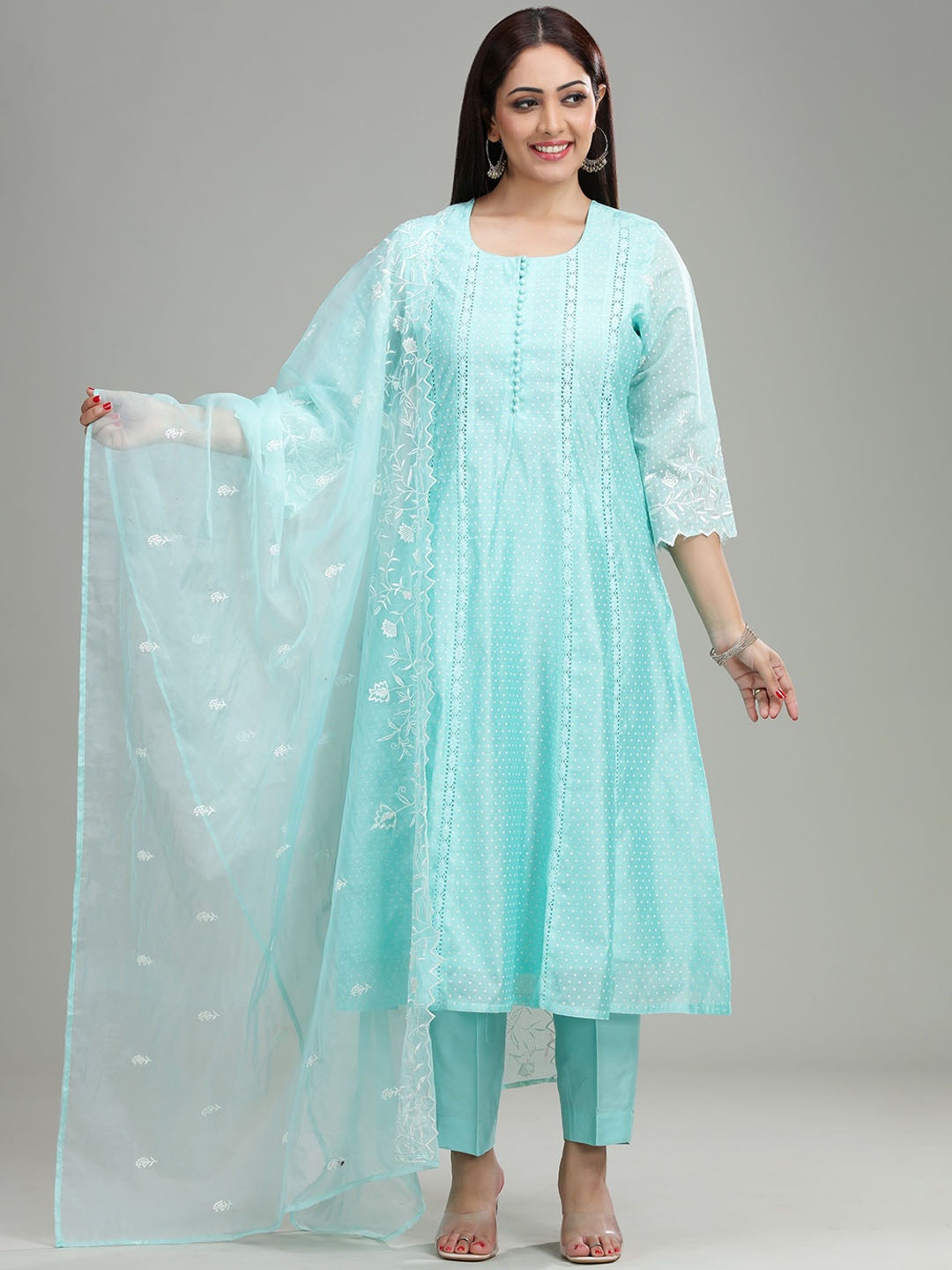 

COTTON CULTURE Geometric Printed Chanderi Cotton Anarkali Kurta With Palazzos & Dupatta, Blue