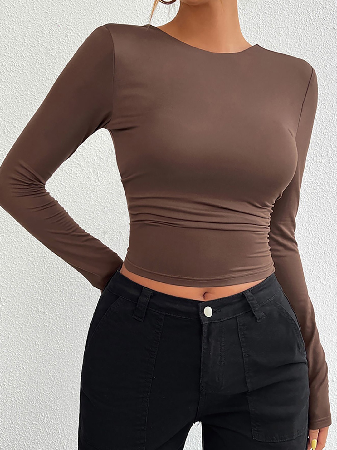 

StyleCast x Revolte Women Round Neck Crop Top, Coffee brown