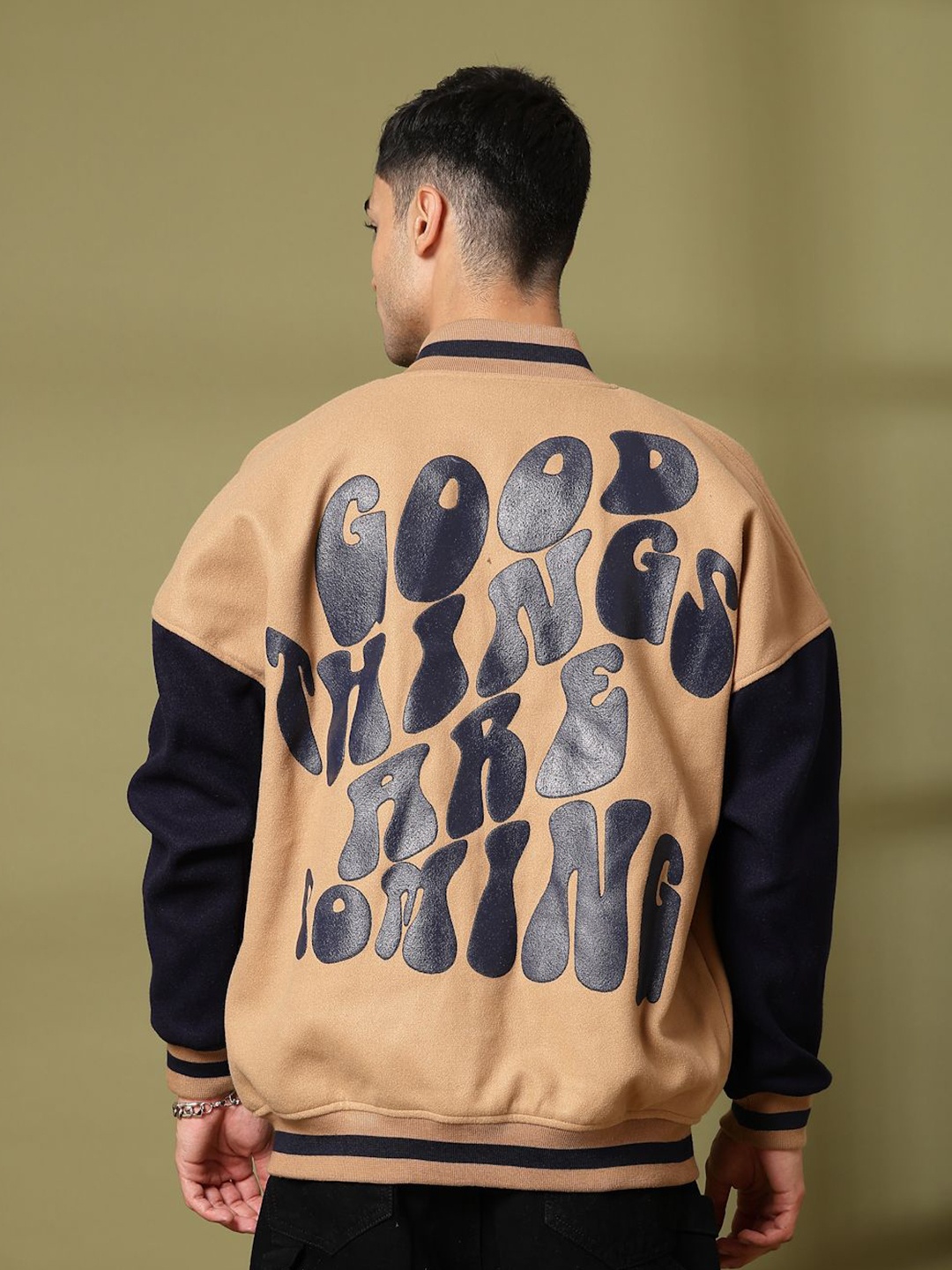 

CHKOKKO Men Stand Collar Typography Printed Fleece Casual Varsity Jacket, Beige